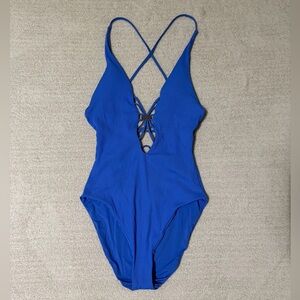 BECCA by Rebecca Virtue Blue Ribbed Plunge One Piece Swimsuit Size Large NWOT